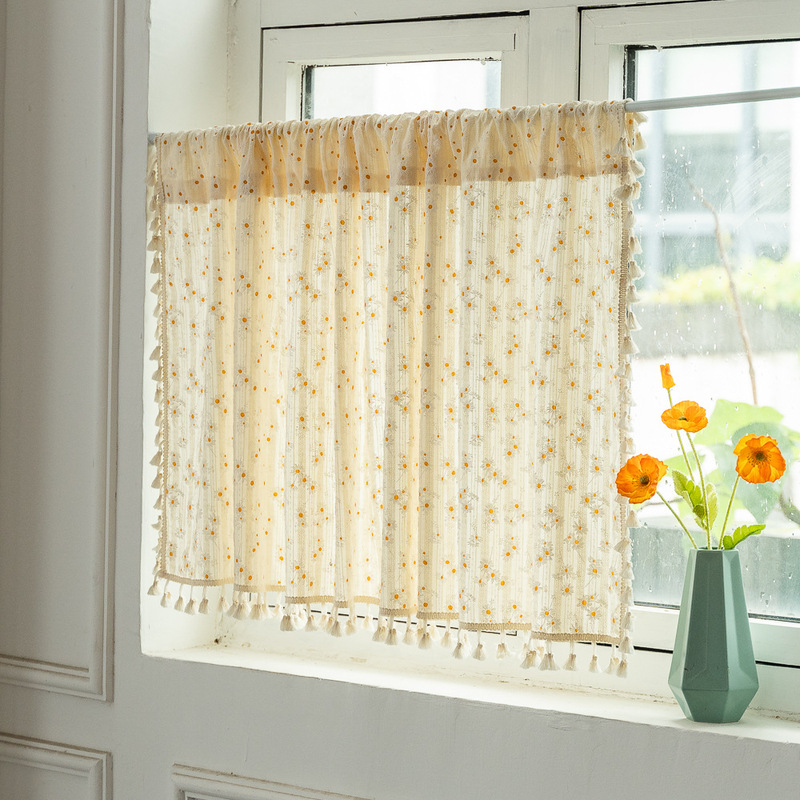 Cross-border Curtain Finished Cotton Daisy Tassel Curtain Kitchen Rod Japanese Style Short Curtain Floating Window Coffee Half Curtain