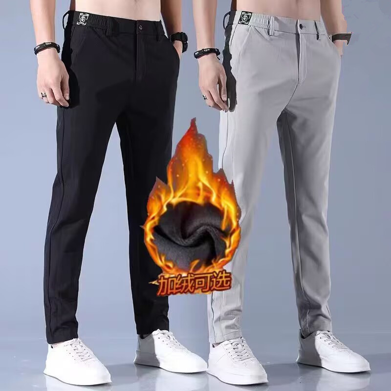 冰丝男士百搭松紧腰休闲裤秋季加绒加厚男生修身直筒保暖运动长裤
