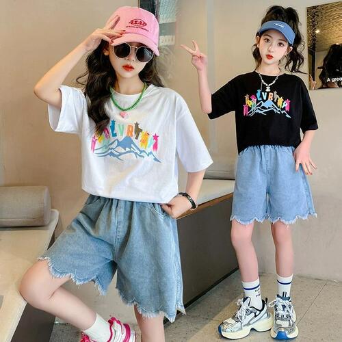 220g heavy-duty pure cotton summer short-sleeve T-shirt for girls, summer style, stylish half-sleeve, suitable for middle and large children, loose round neck top, trendy