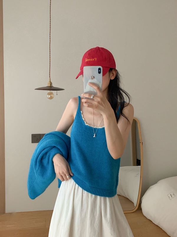 韩版百搭纯色长袖针织开衫女春秋季新款叠穿蕾丝花边毛衣吊带套装|undefined