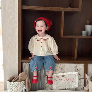 Small and Medium Girls' Western Style Shirt New Spring Baby Korean Style Shirt Children's Spring Wear Korean Style Jeans Two-Piece Set