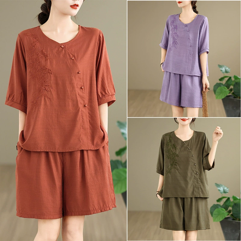 Реальный снимок летнего костюма 2025 года, женская мода больших размеров, для полных женщин, свободные хлопчатобумажные и льняные топы, повседневные шорты, комплект из двух предметов