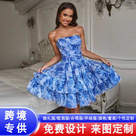 欧美抹胸连衣裙短款2026新款复古印花短裙生日成人气质礼服裙批发