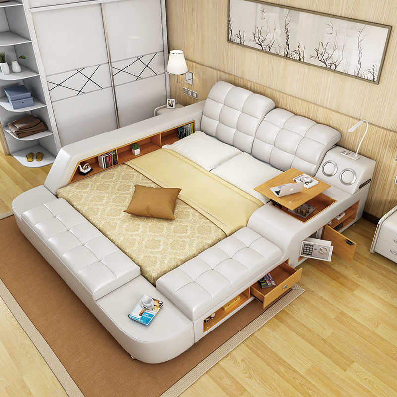 Leather bed, large apartment multi-functional leather craft bed, modern minimalist tatami bed, master bedroom, foreign trade bed