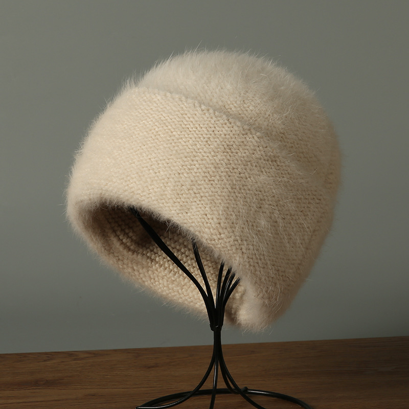 Mũ len beanie nữ dệt kim len thỏ Angora, chu vi vòng đầu lớn, giữ ấm mùa đông — màu be