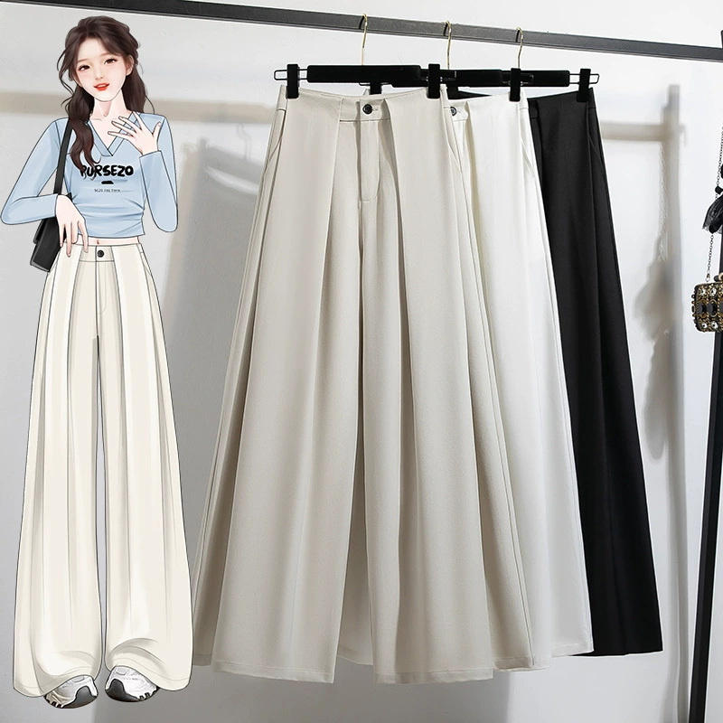 Настоящая фотография белых женских брюк с высокой талией, весенне-летних широких брюк, элитных драпированных, утягивающих, повседневных брюк в пол для поездок на работу.