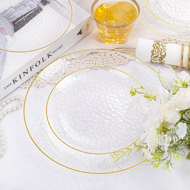 Cross-Border Supply of Plastic Disposable Tableware, Transparent Gold Plates with Gold-Edged Stone Pattern, Transparent Plastic Plates from Manufacturers in Stock