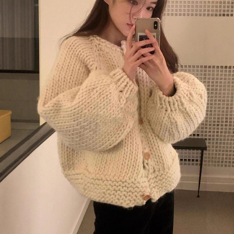 25 New Arrivals】Korean Dongdaemun Autumn New Noth*Ngwritten Handmade Wool Casual Chunky Knit Buttoned Cardigan for Women