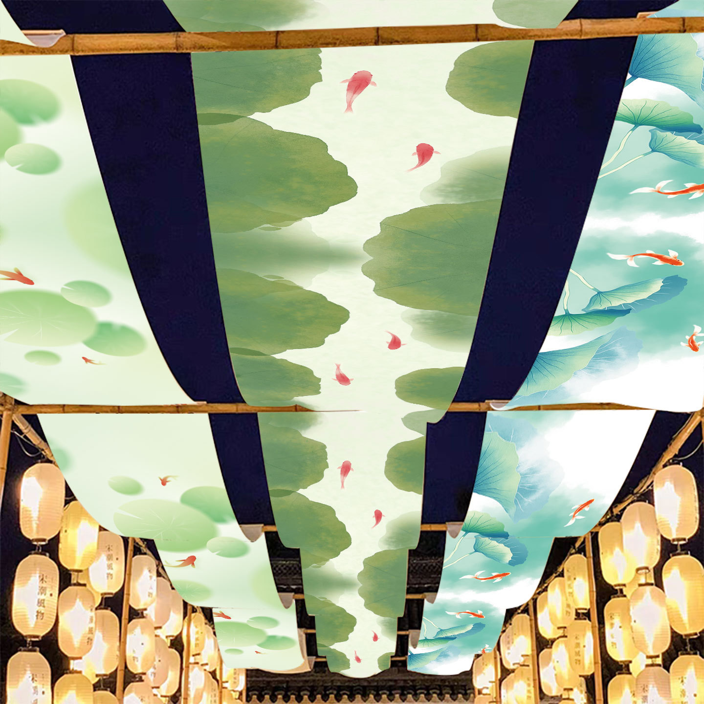 简约现代荷花天幕吊顶挂布氛围感装饰布长条背景布餐厅壁画布制作