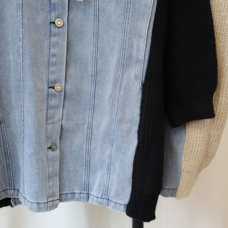 Damenbekleidung Lange Denim-Patchwork-Pulloverjacke mit Kapuze 2024 Herbst und Winter Neues Design Verdickte lockere Strickjacke für Damen_voghion.com