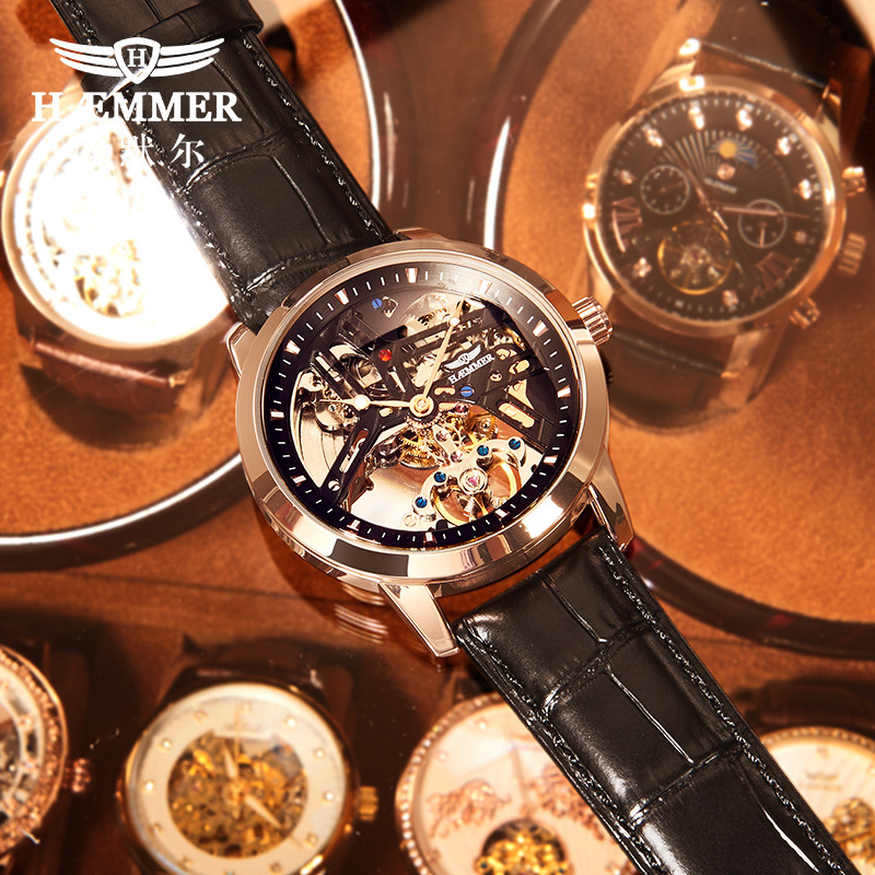 Đồng hồ nam HAEMMER automatic lộ máy chống nước — Vỏ Hồng vòng trắng da cà phê, Vỏ Hồng vòng đen da đen