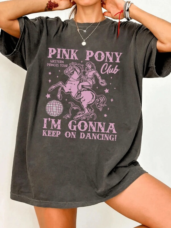 Pink Pony Club Women's T-Shirt - Western Prince Travel Graphic, Casual Dark Gray Top, European and American Cotton Pink Pony Club Women's T-Shirt - Western Prince Travel Graphic, Casual Dark Gray Top, European and American Cotton