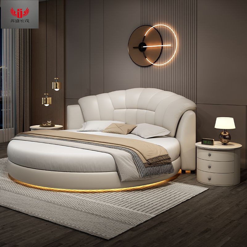 Cama redonda cama de cuero cama doble cama redonda cama de boda moderna y minimalista tema hotel residencial lámpara de inducción