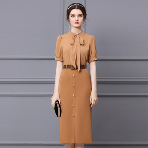 Zhili French retro dress slim waist 2021 new summer bubble sleeve tie bow tie mid length skirt