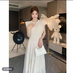 リンリンプリーツクラフトパールシフォンドレスロングスカートニッチ夏痩身フレンチファッション2点セット
