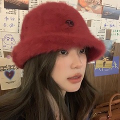 韓版字母標兔毛漁夫帽子女秋冬季休閒毛絨水桶帽加厚保暖盆帽百搭