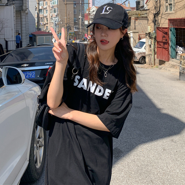 Hem Split Dress 2022 Summer New Korean-style Letter Printed Loose Mid-length Dress Short-sleeved T-shirt Dress for Women