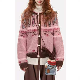 粉色费尔岛提花毛衣外套女秋冬厚2025新款慵懒温柔风复古针织开衫