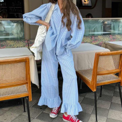 跨境纯棉格纹长袖长裤两件套欧美2025秋季新款荷叶边衬衫长裤套装
