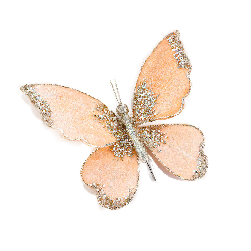 Nuevos productos de tela de alta calidad simulación de clip de arco de mariposa tela de vello polvo flocado árbol de Navidad decoración colgante diseño de escena
