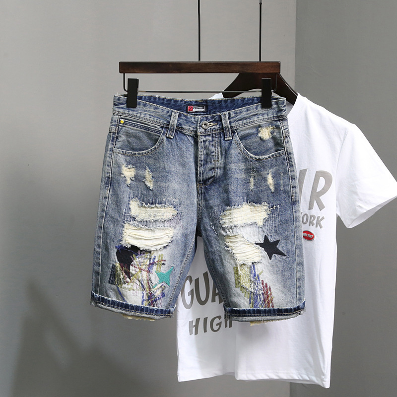 Men's Cats with Ripped Denim Shorts Needle-stitched Embroidery High-street Puppies Handsome Beggar Pants Slim-fit Sipped All-match Pants