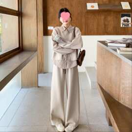 大码胖时尚韩系拼接条纹春秋款新款裤子套装宽松女装洋气三件套