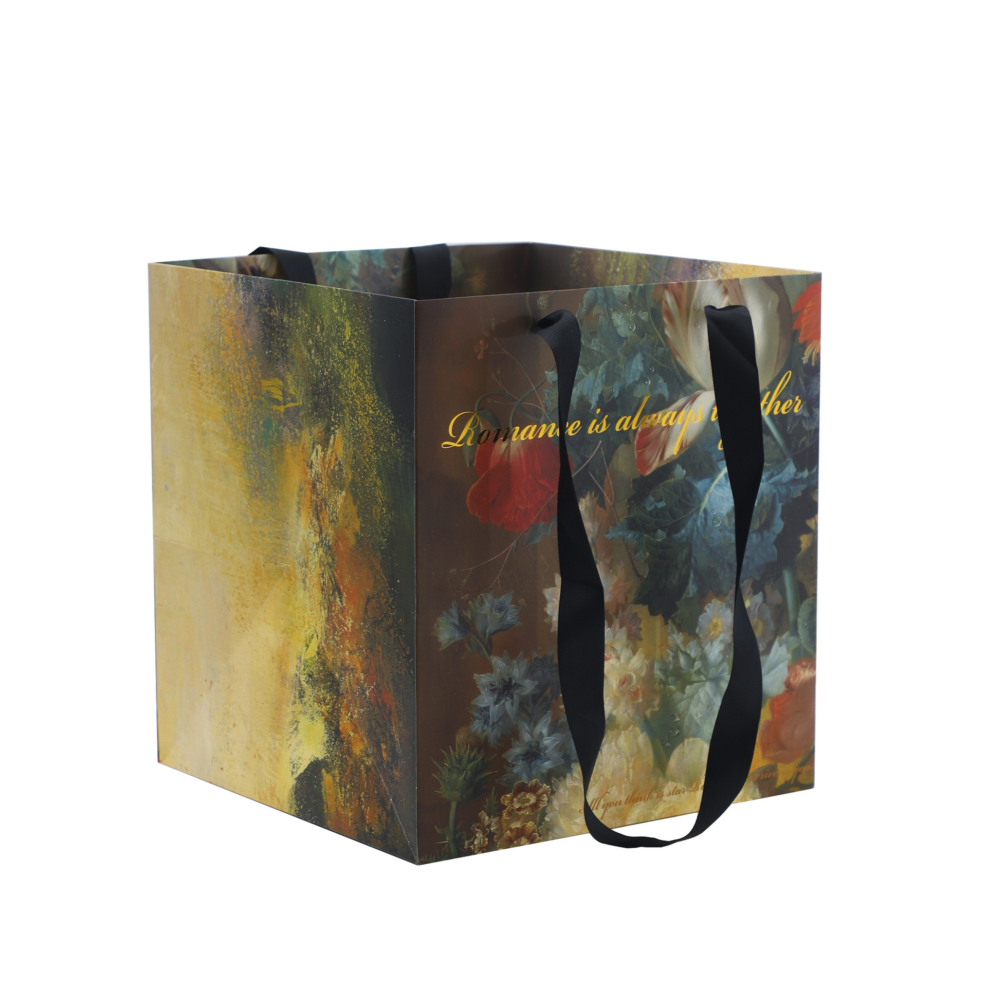 Estilo de pintura al óleo estampado bolsas de mano bolsas de paquete de flores retro suministros de materiales de flores al por mayor bolsas de caja de regalo cuadrada