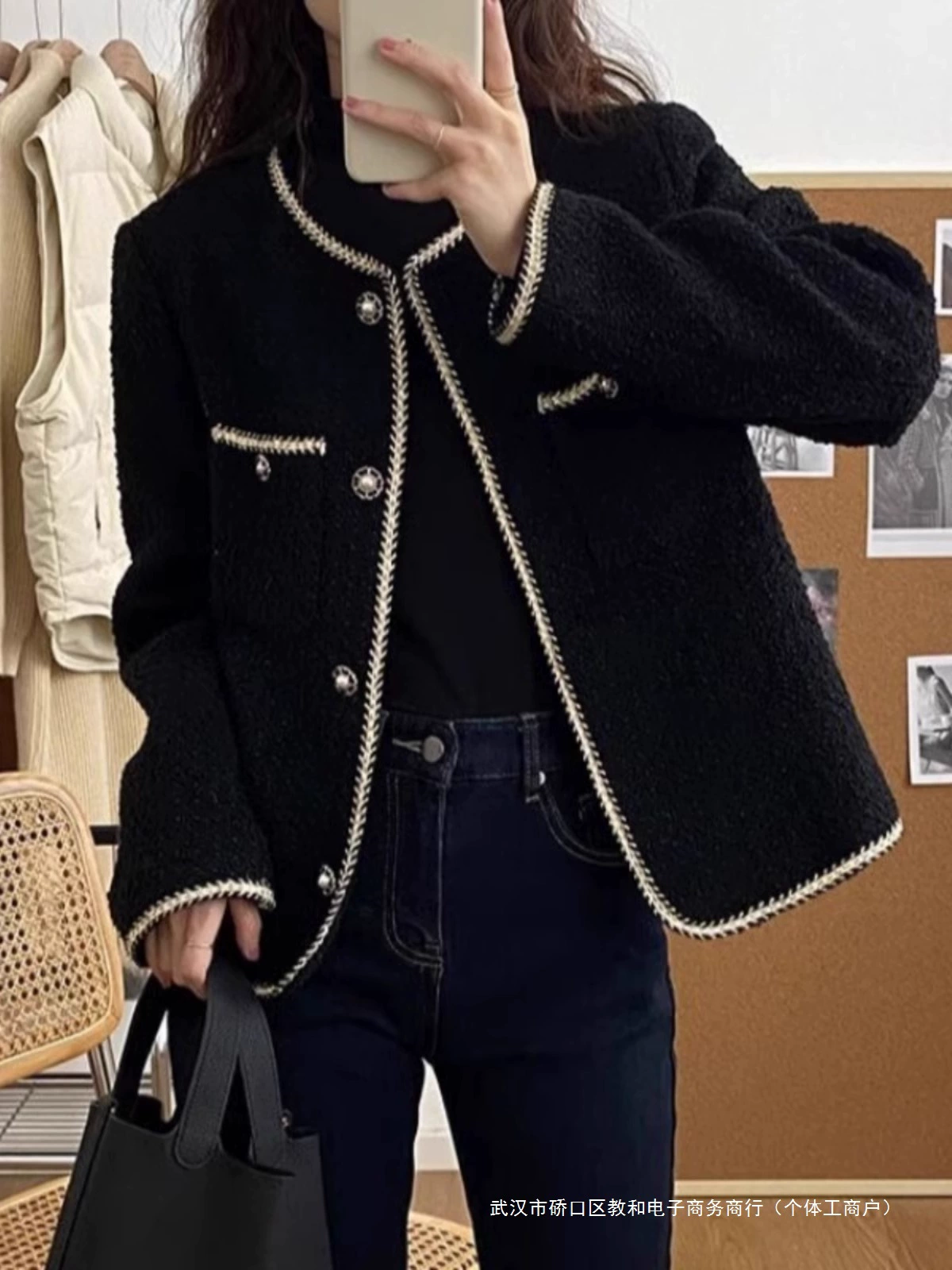 Черная осенняя демисезонная куртка, большой размер, стиль Chanel, французский стиль, яркий броский дизайн