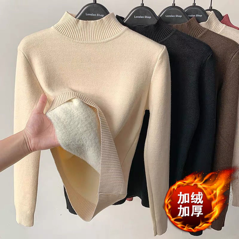 加绒毛衣女冬年秋冬新款加厚一体绒半高领内搭水貂绒打底衫潮