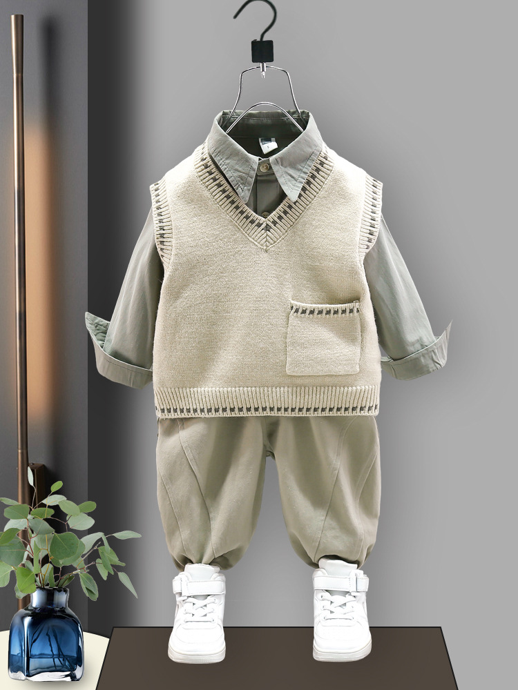 4283 traje de ropa de otoño para niños 2023 nuevo estilo occidental Bebé Suéter para niños chaleco camisa conjunto de tres piezas bebé primavera y otoño
