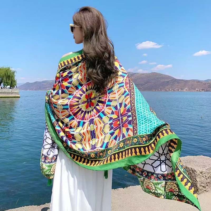 Sopa de satén de twill para mujeres 2025 bufandas de viento nacional de verano tibetanas bufandas de seda protector solar lago Qinghai turismo foto toalla de playa