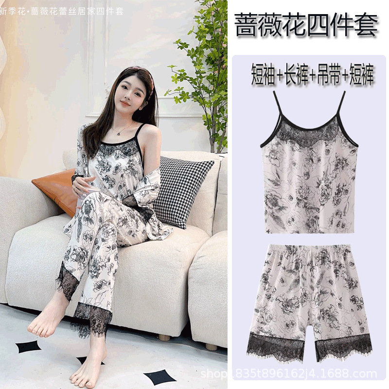 Chinese Style Rose Lace Four-Piece Ice Silk Pajamas for Women Luxury Niche Casual Wearable Home Wear Pajamas