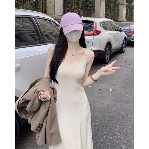 Knitted suspender pink dress for women new summer outer wear hot girl chic waist slim fit inner long skirt with temperament