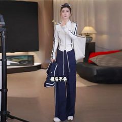 2025秋季酷飒风休闲时尚套装女白色长袖开衫外套高腰阔腿裤两件套