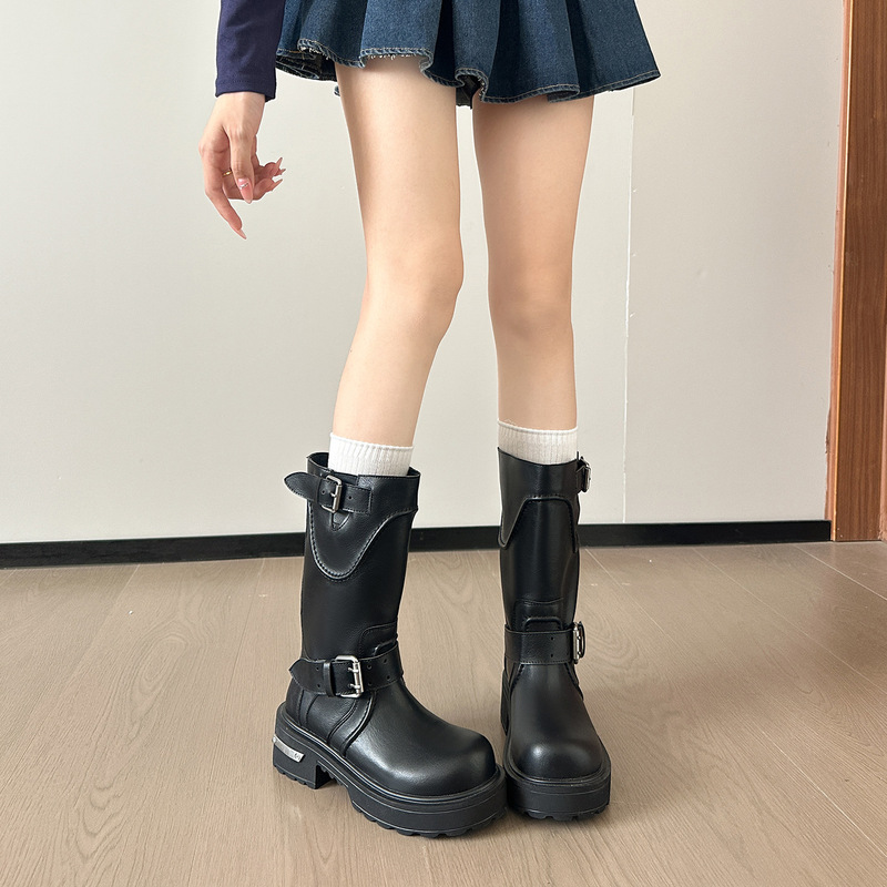 2025秋复古机车靴女款毒液靴皮带扣中筒骑士靴大头厚底粗跟马丁靴|undefined