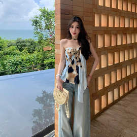 不规则豹纹吊带背心女外穿夏泰式y2k甜辣妹一字肩抹胸小上衣绝美