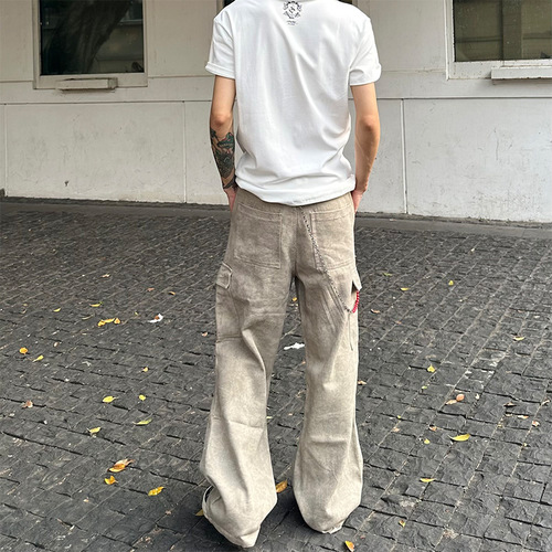 American High Street Marble Dark Texture Pleated Pocket Work Pants for Men and Women, American Paratrooper Pants, Loose Casual Long Pants, Trendy