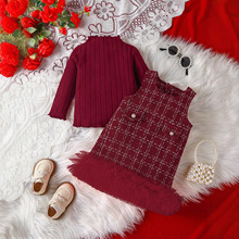 女童冬季红色小香风 金丝裙连衣裙子高领长袖打底衫2件套