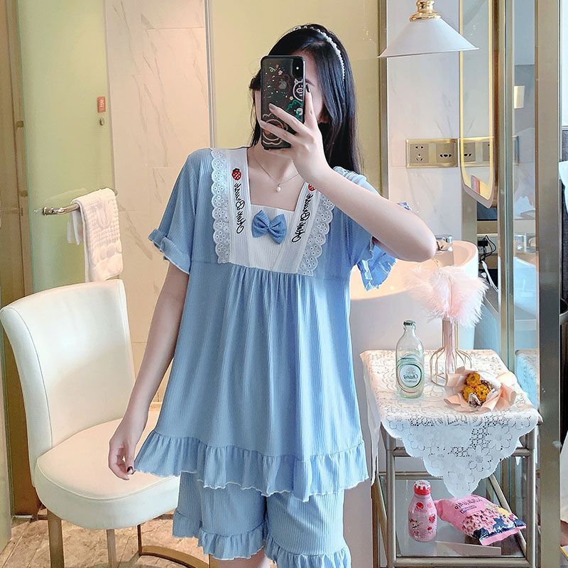 Pijama de verano mujer dulce encaje suelto con cuello en v pantalones cortos de manga corta estilo princesa estudiantes lindos pueden usar hilo de seda de hielo afuera
