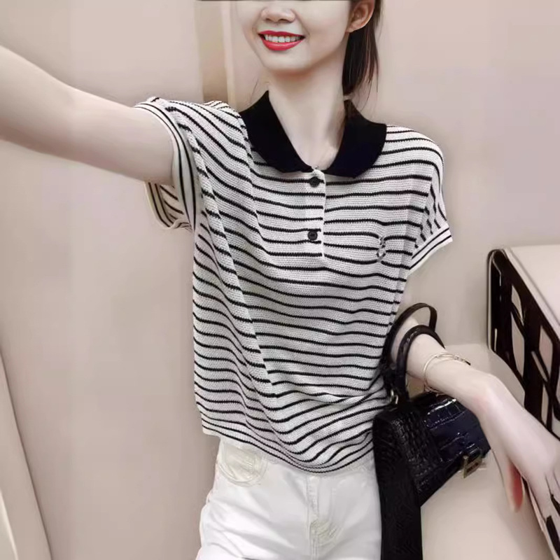 This Year's Popular Ice Silk Short-Sleeved Summer Stripesd T-Shirt Women's Bunny Embroider Contrasting Buttons Polo Collar Knitwear Thin