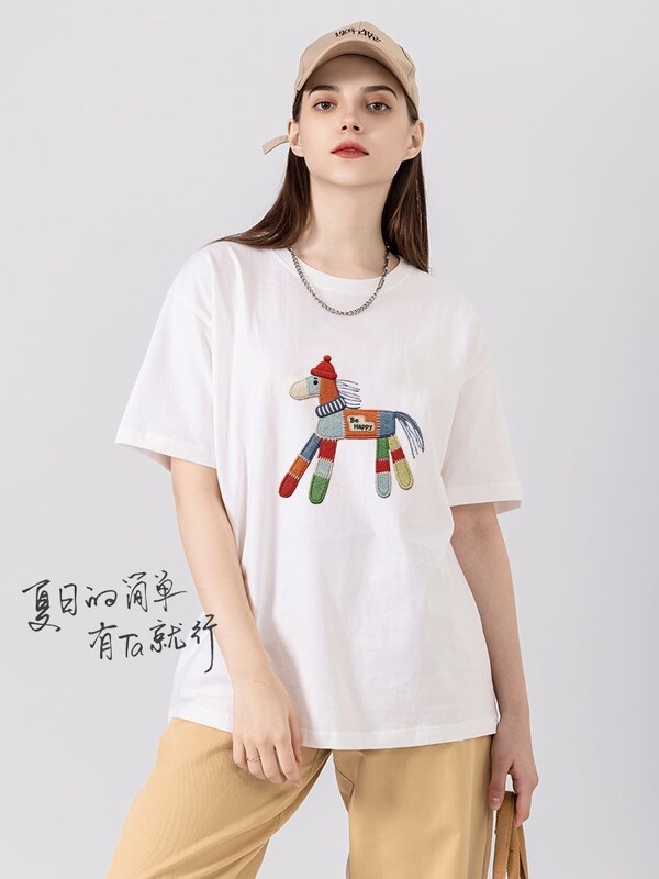 Cartoon Pony Print Loose Cotton T-Shirt Summer Casual Short-Sleeve Top Sweet Slim-Fit Versatile Half-Sleeve Shirt Cartoon Pony Print Loose Cotton T-Shirt Summer Casual Short-Sleeve Top Sweet Slim-Fit Versatile Half-Sleeve Shirt