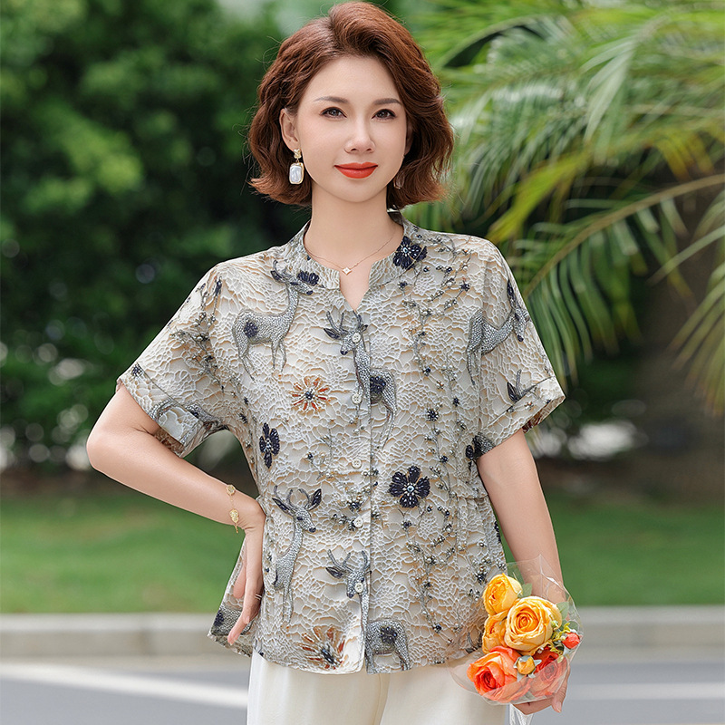 ママの夏のおしゃれトップス、中年半袖シャツ、婦人服、中高年女性の新作夏Tシャツ、洋風スーツ|undefined