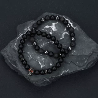 欧美男士火山石黑曜石赤铁矿手链套装微镶骷髅头弹力手串饰品跨境
