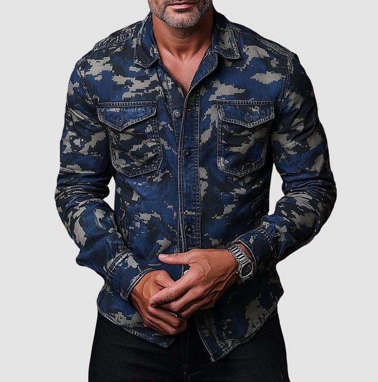 2025 cross-border Amazon men's printed lapel long sleeve loose shirt multi-pocket casual men's work shirt