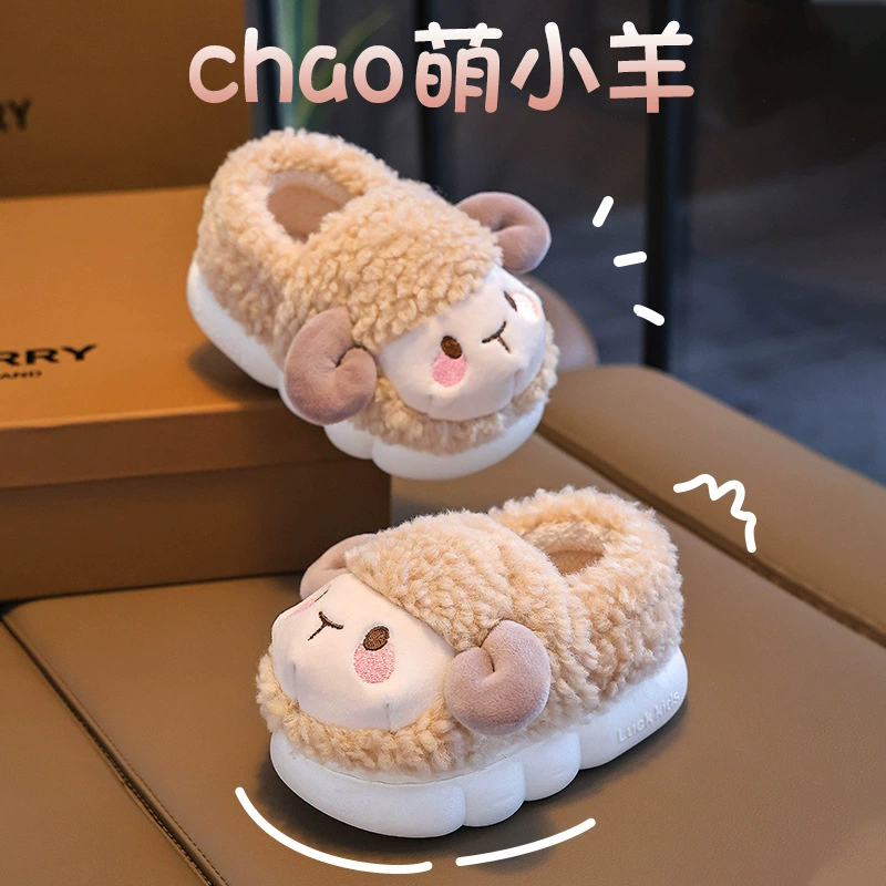 Зимняя хлопковая обувь для девочек и 2024 новые теплые и плюшевые детские хлопчатобумажные тапочки детские нескользящие меховые домашние туфли