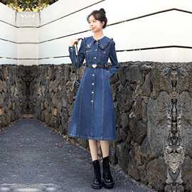 法式牛仔连衣裙女中长款年春秋收腰显瘦字裙单排扣衬衫裙子牛仔蓝