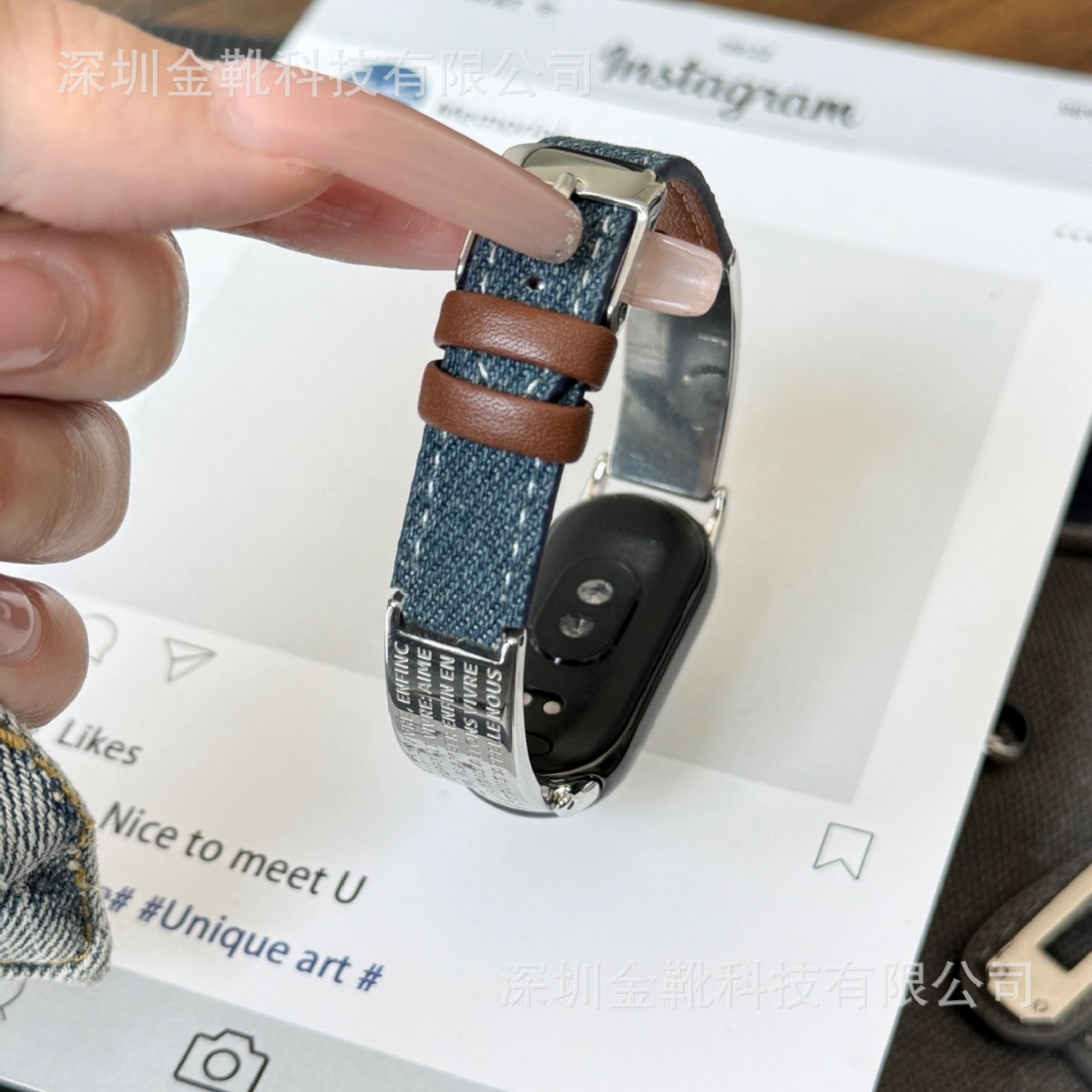 Suitable for Xiaomi 8/9 Generation Bracelet Replacement Wristband Xm 8/9Pro Poetry Metal Curved Piece with Denim Leather Strap