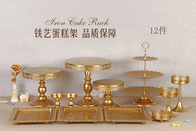 Decoración de mesa de postres de boda de oro, estante de pastel europeo, propósitos de boda, bandeja de pastel de encaje, estante de refrigerio de hierro forjado, 12 juegos