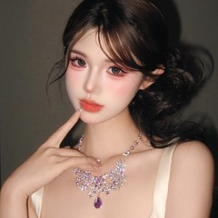 闪钻紫色镶钻花朵吊坠项链晚礼服配饰女夸张高级感颈链新娘锁骨链