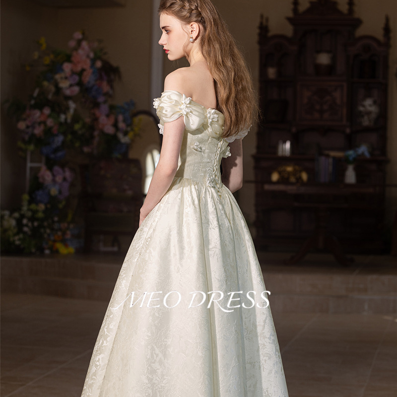Off-the-shoulder Bridal Wedding Engagement Hepburn-style High-end Printed Satin Fairy-like French White Evening Dress_voghion.com